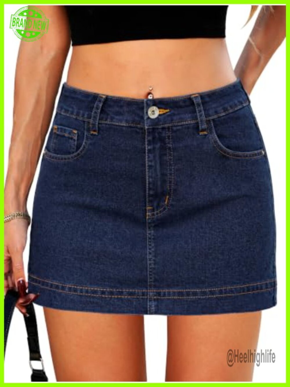 Denim Mini Skirt with Built-in Shorts Stretch High Waist Skort
